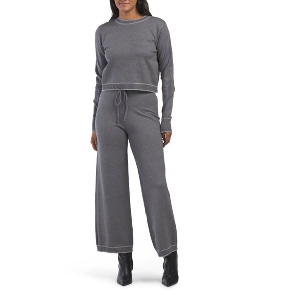 THEO & SPENCE Charcoal 2pc Stripe Trim Knit Top And Pants Set